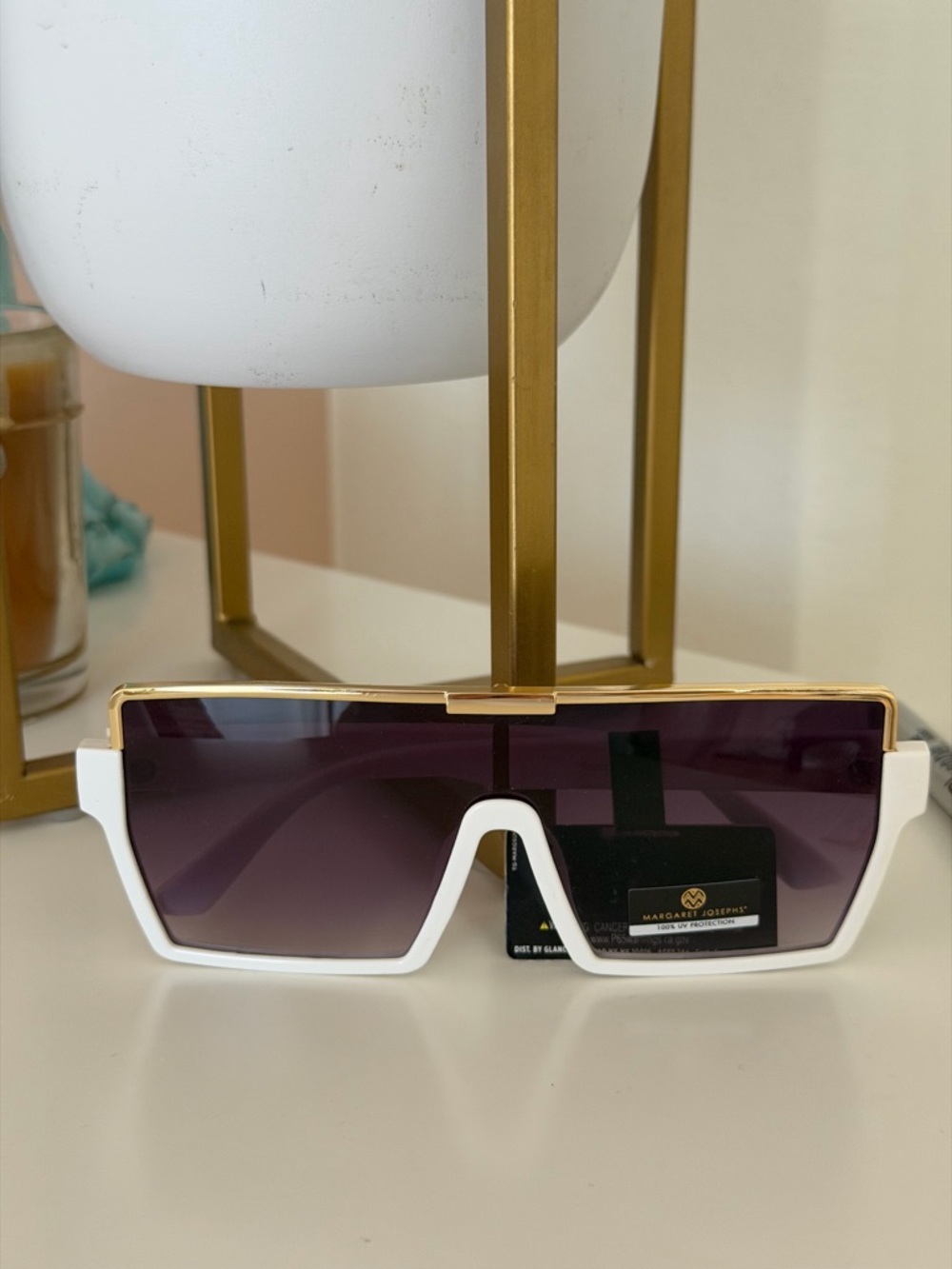 Margaret Josephs White Oversized Shield Sunglasses | Gold Trim
